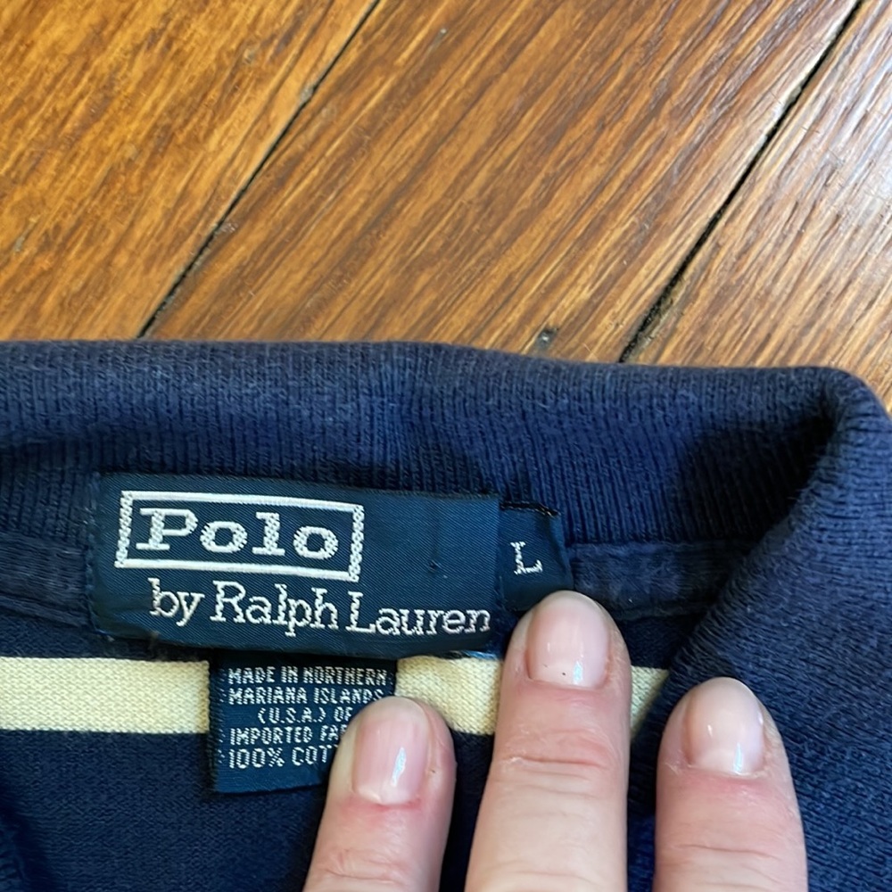 Polo by Ralph Lauren striped polo in blue and pale yellow. Gently worn. Size L - Picture 2 of 3